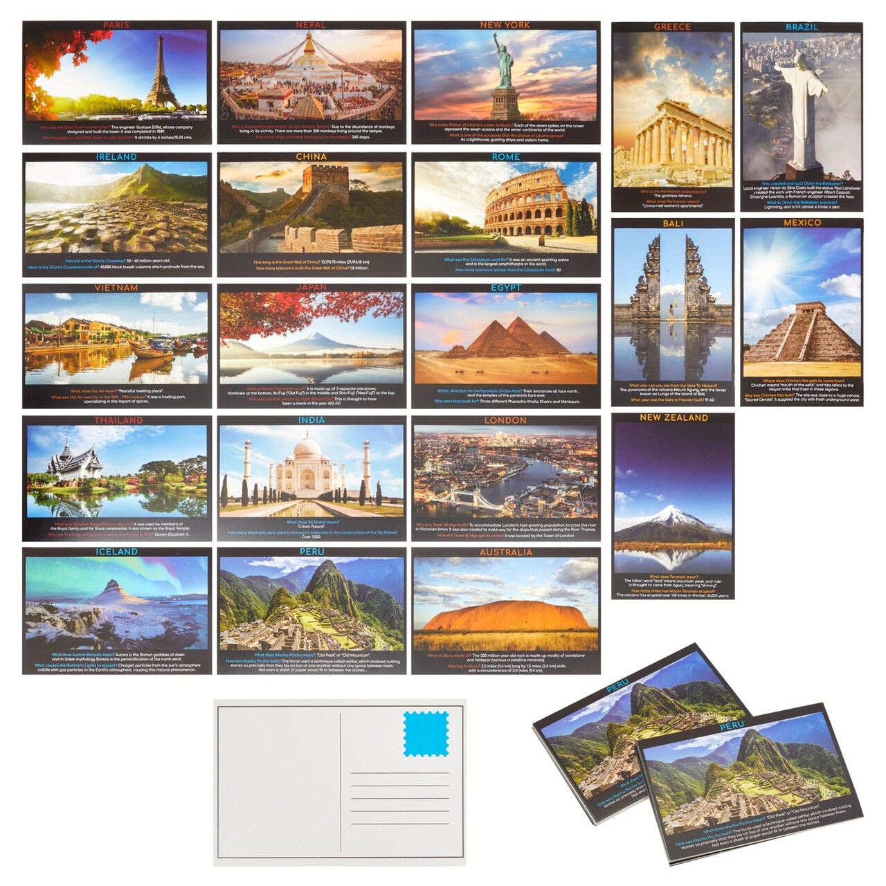 Travel Fun Fact Postcards for Kids, Cute Teacher Supplies (4x6 In, 40 Piece Set)